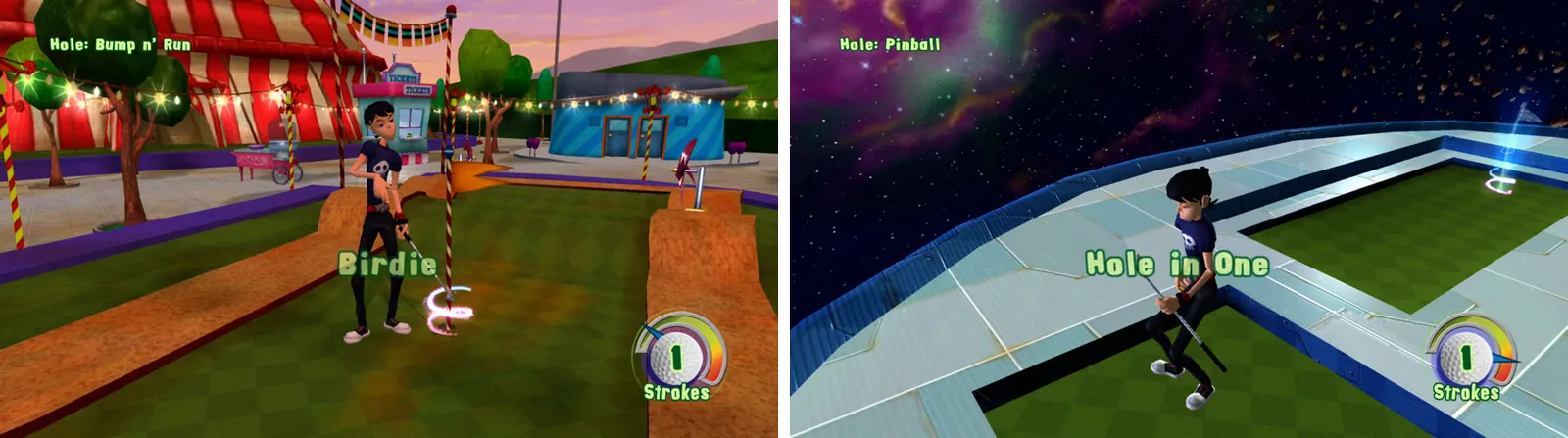 Two gameplay frames, both with the counter on 1. Left, Bump n' Run with "Birdie" on screen. Right, Pinball with "Hole in One".