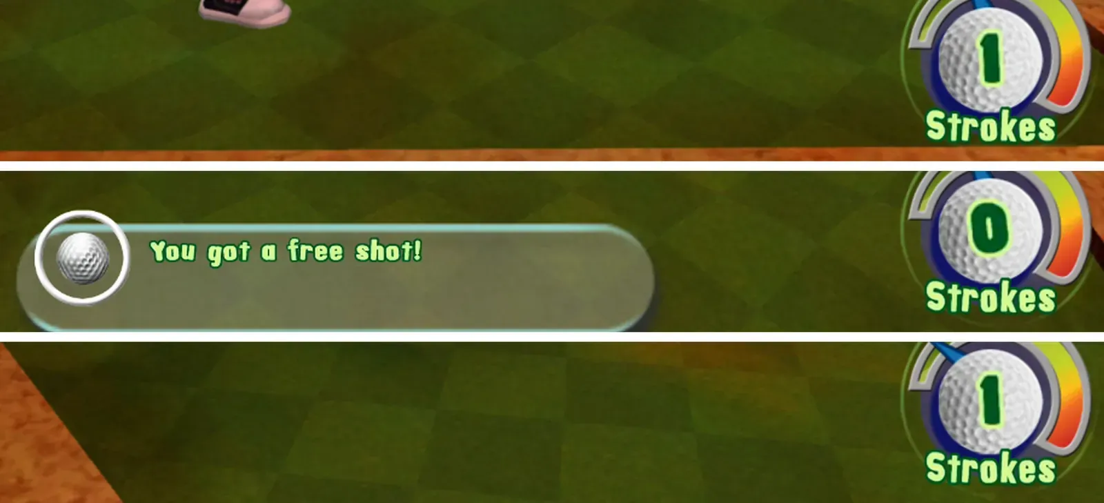 Three strips from the bottom of the screen during one Bump n' Run attempt. First the ball reads 1. Next a banner says "You got a free shot!" and the ball reads 0. Last the ball reads 1 again.