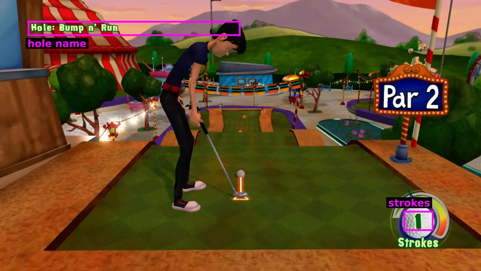 A Bump n' Run tee shot. Magenta boxes mark "Hole: Bump n' Run" at the top left, labelled hole name, and the green 1 on the white stroke ball at the bottom right, labelled strokes.
