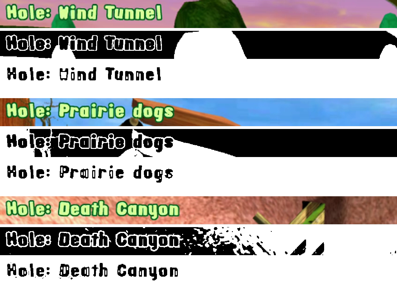 Three hole-name strips, Wind Tunnel, Prairie dogs and Death Canyon. Under each is a brightness threshold, where the letters sit inside big black slabs of scenery, and then the colour mask, which shows only black letters on white.