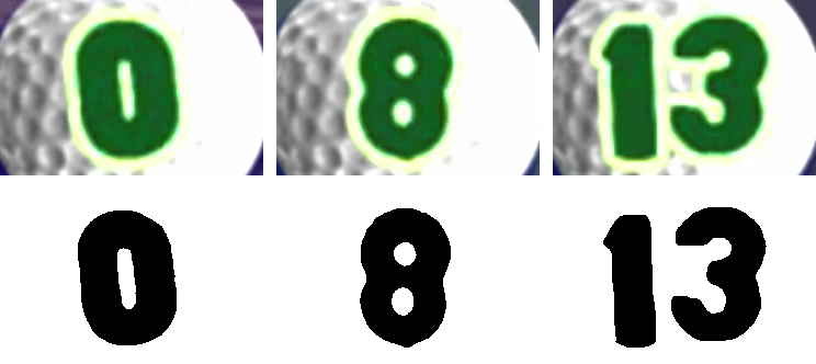 Three stroke balls showing 0, 8 and 13, each above its cleaned-up shape. The 0 and the 8 have the same outline.